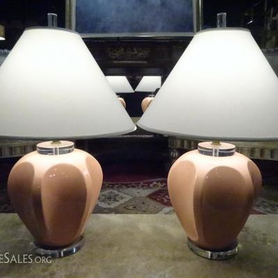 PAIR LUCITE AND CERAMIC TABLE LAMPS