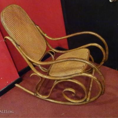 VINTAGE THONET WOOD AND CANE ROCKER, WITH LABEL