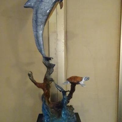 LARGE PATINATED BRONZE DOLPHIN AND SEA TURTLE SCULPTURE, AT A FRACTION OF ART GALLERY PRICES