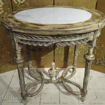 LOUIS XVI STYLE OVAL TABLE WITH WHITE MARBLE INSET TOP