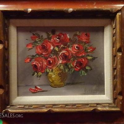 OIL ON BOARD PAINTING, STILL LIFE WITH RED ROSES. SIGNED RITTER