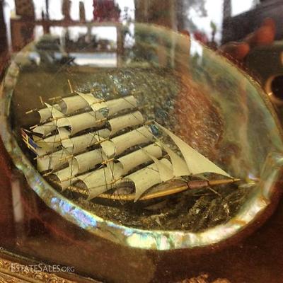 Close Up of Hand Carved Ship 'n Paua Shell Antique Maritime Folk Art