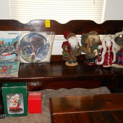 wood bench, Santas, records, etc.