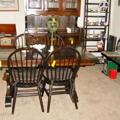 dining room table w/2 leaves and table pads, 4 Windsor back chairs, Fenton bowl, milkglass candle holders, etc.