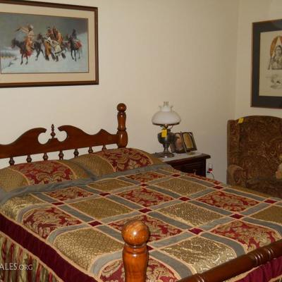 framed original art, full bed, linens, end tables, upholstered recliner, etc.