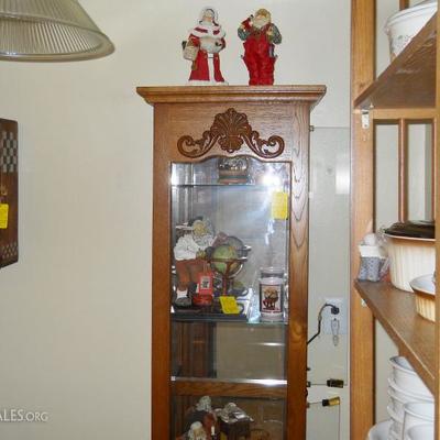 oak lighted curio cabinet, Christmas collectibles, musical snow globes, etc.