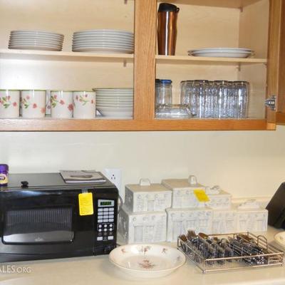 microwave, dinnerware, glasses, stainless flatware, etc.