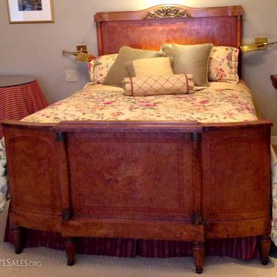 Antique Queen Bed with birds eye maple veneer and ormolu decorations. and Bedding and Linens. (mattress not available)
