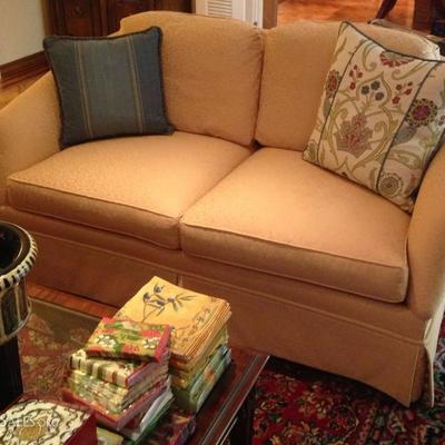 Pair of Hickory Chair Furniture Co love seats with matching pillows and arm covers
