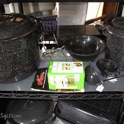 (Closeup View) Collection of Vintage Granite Ware: large Canning System, Jar Tongs, Colander, Jar Funnel, Ladle, Stock...