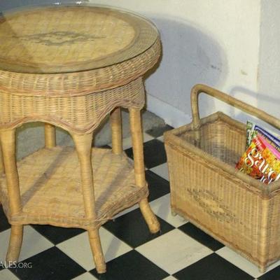 Pier 1 Wicker Table with Added Glass Protective Top and Matching Wicker Magazine Rack