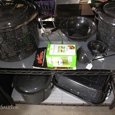Collection of Vintage Granite Ware:  Large Canning System, Jar Tongs, Colander, Jar Funnel, Ladle, Stock Pot/Blancher/Steamer,...