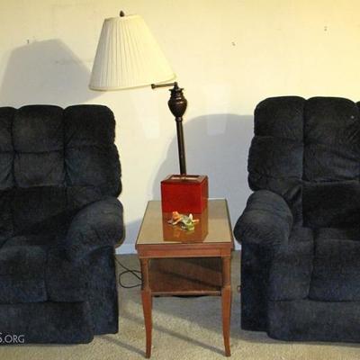 La-Z-Boy Oversized Navy Blue Upholstered Recliners.  Also shown a Vintage Mahogany Side Table