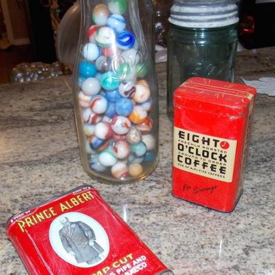 Eight O'clock coffee bank, Prince Albert Tin, Milk bottle full of marbles!