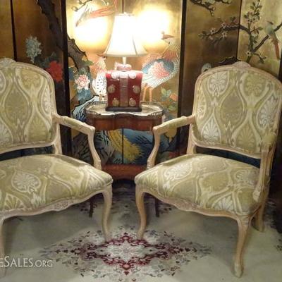 PAIR LOUIS XV STYLE ARMCHAIRS WITH LIGHT FINISH FRAMES