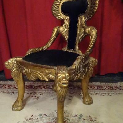 GOLD GILT WOOD LION CHAIR WITH ELABORATELY CARVED BACK AND LEGS