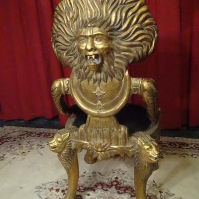 GOLD GILT WOOD LION CHAIR WITH ELABORATELY CARVED BACK AND LEGS