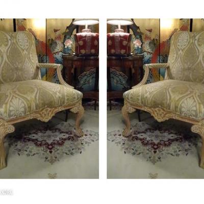 PAIR FRENCH STYLE OPEN ARM CHAIRS WITH LIGHT FINISH WOOD FRAMES