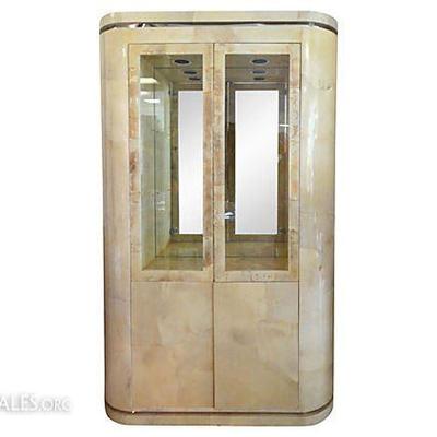 KARL SPRINGER LACQUERED GOATSKIN BAR OR DISPLAY CABINET WITH LIGHTED INTERIOR AND MIRROR