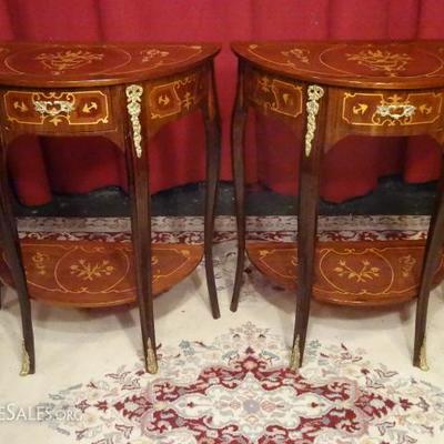 PAIR LOUIS XV STYLE MARQUETRY DEMI LUNE TABLES