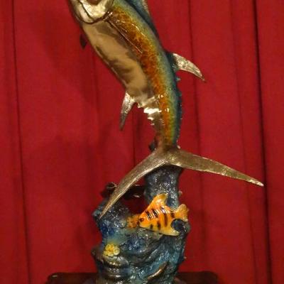 LARGE PATINATED BRONZE SCULPTURE, TUNA AND CORAL, ON MARBLE BASE