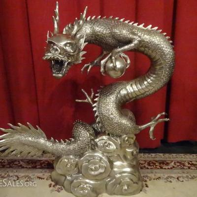HUGE SILVER PATINATED CHINESE BRONZE DRAGON SCULPTURE, 41