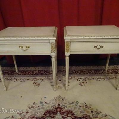 PAIR WHITE AND GOLD LOUIS XVI TABLES WITH SINGLE DRAWERS