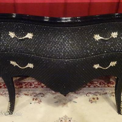 LOUIS XV STYLE BOMBE CHEST, WRAPPED IN SPARKLE FABRIC, WITH BLACK GRANITE TOP
