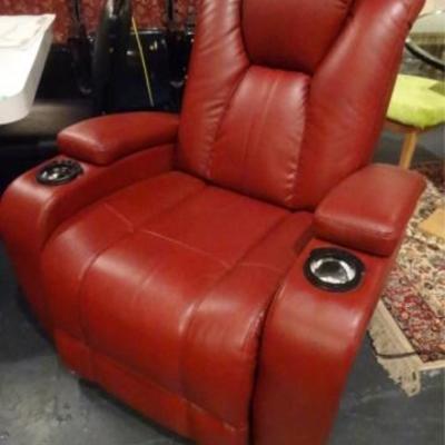 RED LEATHER ELECTRIC RECLINER WITH LIGHTED CUPHOLDERS, ELECTRIC HEADREST
