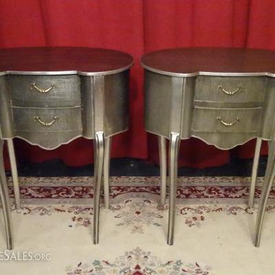 PAIR SILVER FINISH LOUIS XV STYLE KIDNEY SHAPE TABLES, 2 DRAWERS EACH