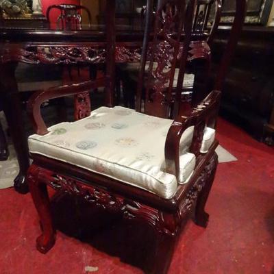 9 PIECE CHINESE ROSEWOOD DINING TABLE WITH 8 CHAIRS, INLAID WITH MOTHER OF PEARL