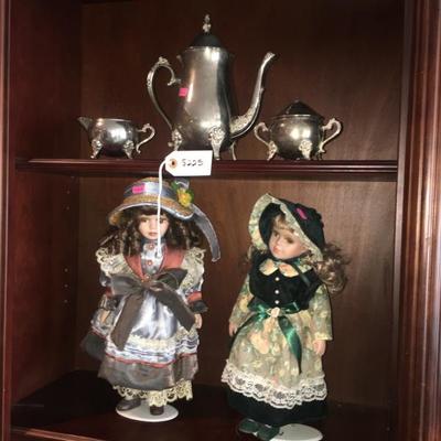 COLLECTABLE  DOLLS, SILVERPLATE TEA SET.