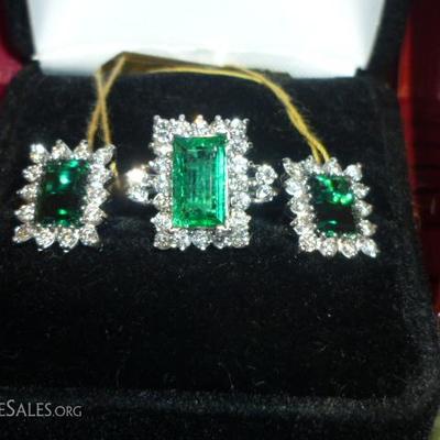 Emerald and diamond ring and earrings 