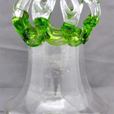 Antique green threaded & crystal English hand blown glass Bride's Crown flower vase in a stylish mushroom top style ca. 1890. 