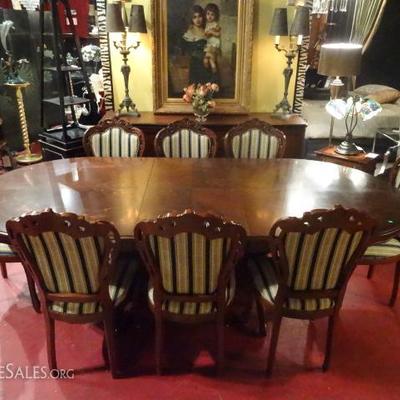 MARQUETRY DINING TABLE WITH BUILT IN LEAF AND 8 DINING CHAIRS