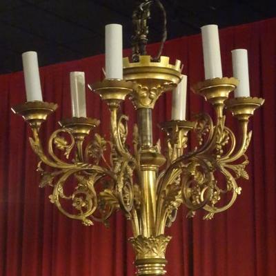 GILT BRONZE 6 LIGHT CHANDELIER, EARLY 20TH C., EXCELLENT CONDITION, APPROX 23