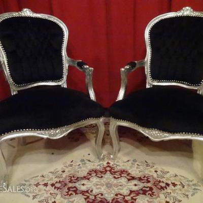 PAIR SILVER GILT LOUIS XV STYLE FAUTEUIL ARMCHAIRS IN BLACK VELVET