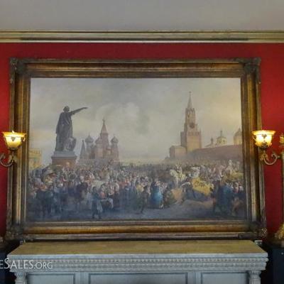 HUGE RUSSIAN OIL ON CANVAS PAINTING, KREMLIN RED SQUARE SCENE, MOSCOW, SIGNED 84