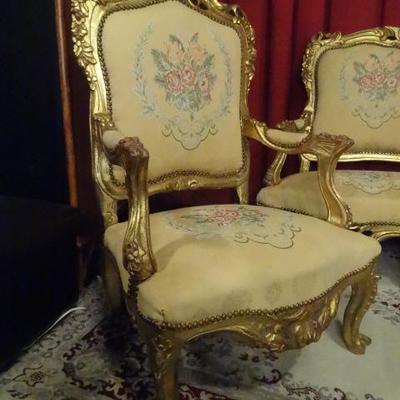 LOUIS XIV STYLE GOLD GILT PARLOR SET, SOFA AND 2 ARMCHAIRS