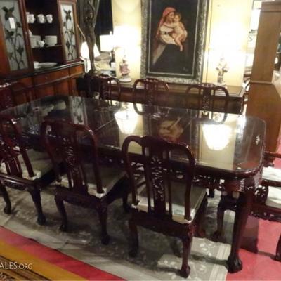 CHINESE ROSEWOOD DINING TABLE WITH 8 CHAIRS, INLAID MOTHER OF PEARL