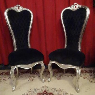 PAIR SILVER GILT LOUIS XV STYLE CHAIRS WITH BLACK VELVET