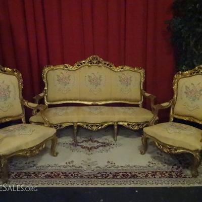 LOUIS XIV STYLE GOLD GILT PARLOR SET, SOFA AND 2 ARMCHAIRS