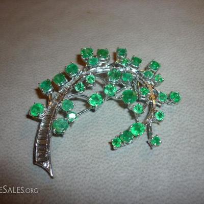 Emeralds and baguette diamond pin 14K