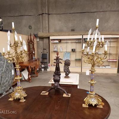 Pair of Continental Bronze Cloisonné Candelabra Lamps 
