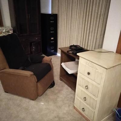 Recliner, file cabinet, small vintage 3-drawer chest, tv stand