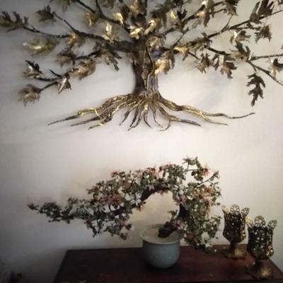 silk cherry blossom bonsai plant dÃ©cor, decorative goblets, metal decorative tree wall art