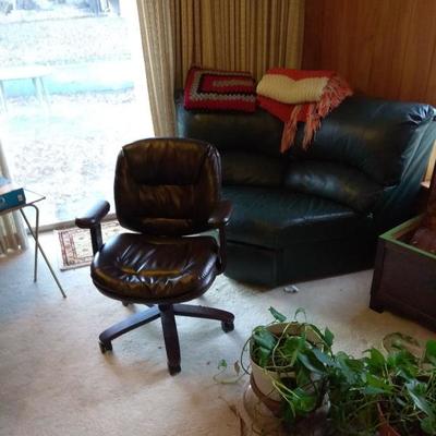 leather office chair, leather sectional wedge, potted plants