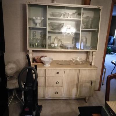 Shabby Chic off-white wooden, curio/china cabinet and display hutch, vintage vanity chair, vacuum cleaner, collectable crystal & glass