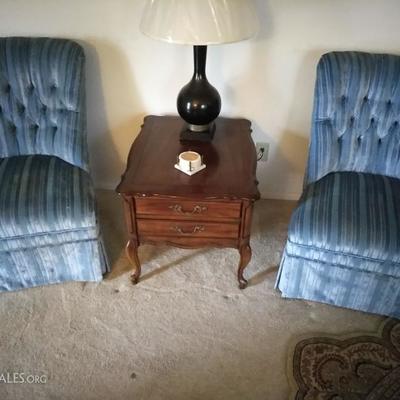 vintage blue chairs, vintage / antique wood end table, vintage black lamp