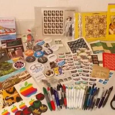 MMM073 Vintage Apple Stickers, Usable Stamps, Pin-Back Buttons & More